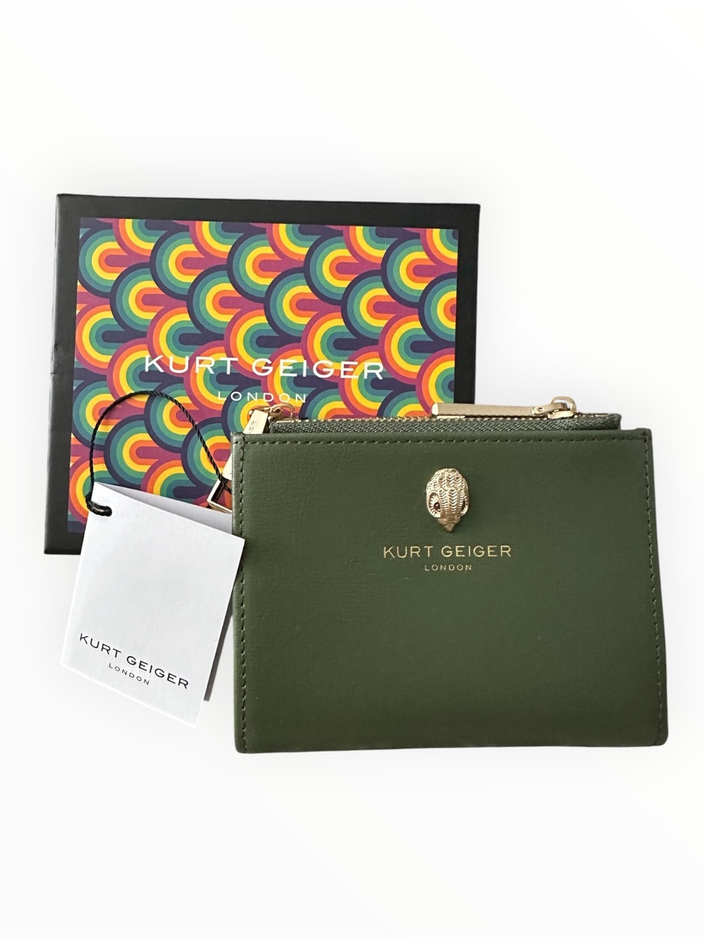 Kurt Geiger London Shoreditch Leather Mini Purse Wallet Olive Green NWT Box